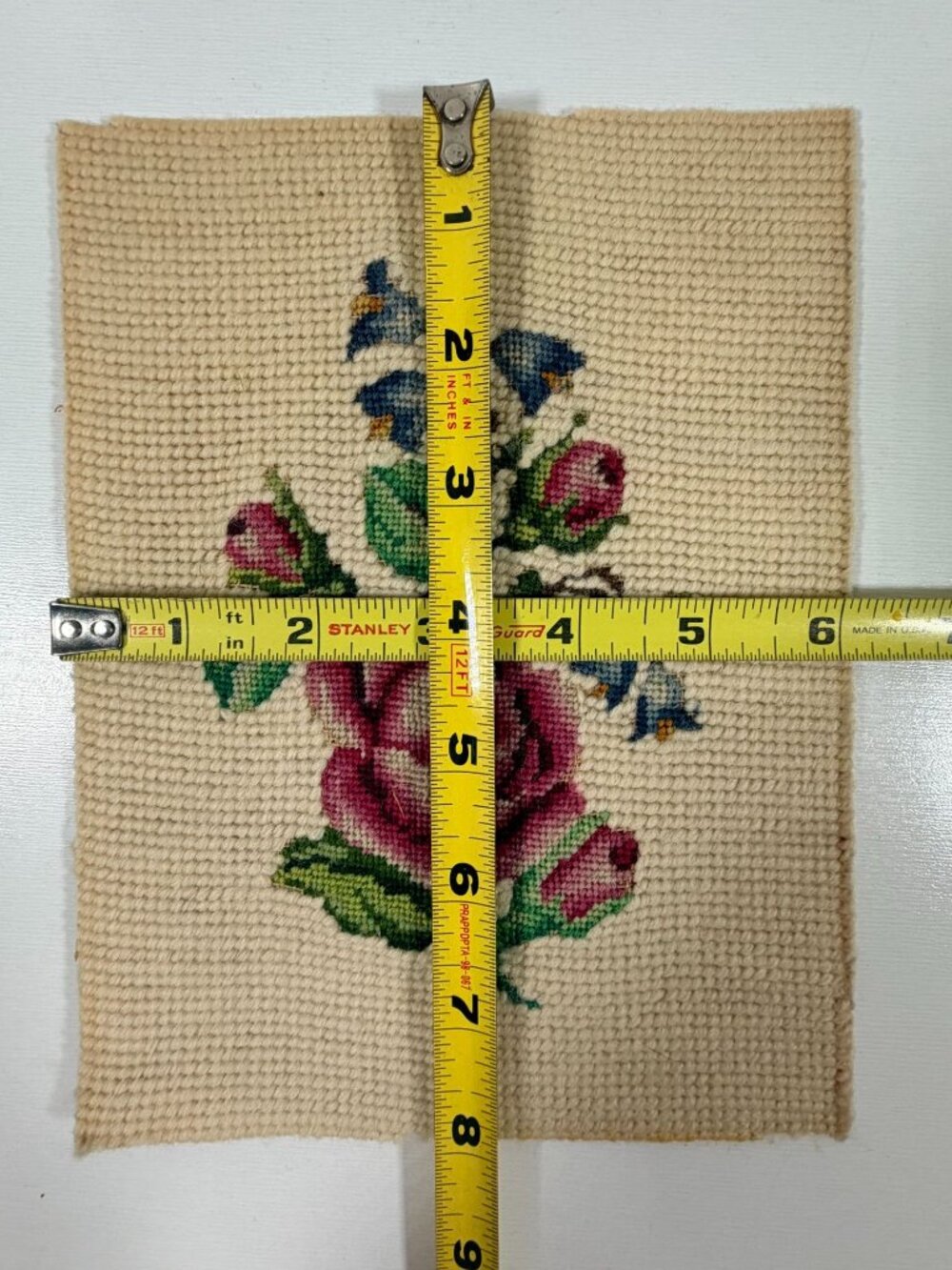 Vintage 3D Needlepoint Floral Panel Pink Rose & Blue Flowers Cream Canvas 8x6" - Picture 3 of 3
